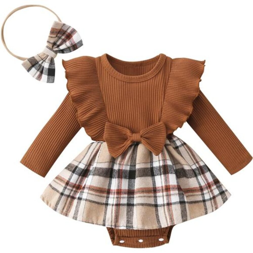 Baby Girl Fall Winter Outfit Set Plaid Romper Jumpsuit with‎ Bow Headband